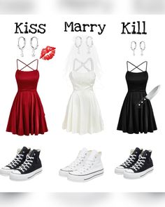 four different types of dresses and shoes with the words kiss marry kill written on them