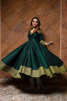 Women's outfit, anarkali suit set,Pomcha Jaipuri  dm for the link Dark Green Traditional Dress, Fabric For Anarkali Suit, Green Anarkali Suits Designer, Dark Green Anarkali Suits, Dark Green Dress Indian, Dark Green Anarkali Dress, Dark Green Indian Outfit, Green Kurti Design Dark, Silk Fabric Dress Design