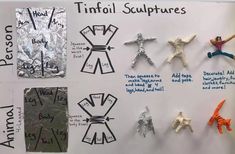 several different types of sculptures are displayed on a white board with writing and pictures attached to it