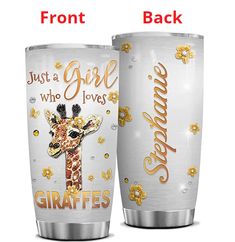 two giraffes are standing next to each other with the words just a girl who loves giraffes on them