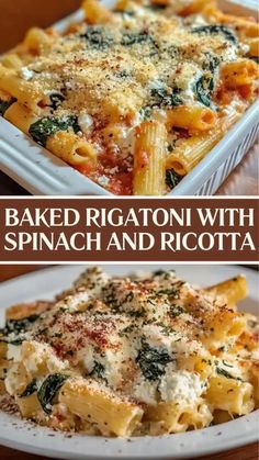 baked rigatoni with spinach and ricotta in a casserole dish