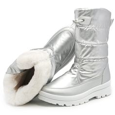 Women's Warm Fur Lined Metallic Snow Boots are designed to keep toes warm and dry in wintry conditions. The thermal fur lining and insulated outsole provide superior warmth, while waterproof construction and an anti-slip tread ensure secure footing in wet and icy conditions. Perfect for any cold-weather outdoor adventure. Sole Material: Polyvinyl Chloride Outer Material: Polyurethane (PU) Closure Type: Zipper Water Resistance Level: Waterproof Waterproof Boots For Winter Sports, Winter Sports Waterproof Boots, Outdoor Boots With Plush Lining And Round Toe, Outdoor Round Toe Boots With Plush Lining, Winter Sports Waterproof Boots With Round Toe, Waterproof Winter Sports Boots With Round Toe, Waterproof Boots For Winter Sports With Round Toe, Winter Boots With Plush Lining For Outdoor, Winter Weatherproof Boots With Round Toe