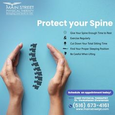 Here are some tips to protect your spine. Mainstreetpt helps you get relief from pain. For more details contact us- www.mainstreeetpt.com #spinecare #newyork #clinic #physicalpain #physicaltherapy #spinepain Physical Therapy School, Sports Physical Therapy, Dental Posts, Spine Pain, Pediatric Physical Therapy, Clever Advertising, Medical Design, Social Media Design Graphics