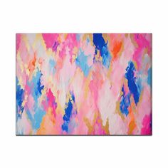 an abstract painting with pink, blue and yellow colors