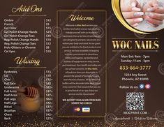 a menu for a nail salon with gold glitters on the bottom and brown background