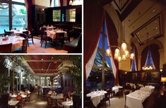 the inside of a restaurant with many tables and chairs in front of large glass windows