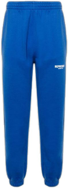 Casual Blue Bottoms With Logo Waistband, Blue Sweatpants With Elastic Waistband For Jogging, Blue Joggers With Ribbed Waistband For Jogging, Blue Joggers With Ribbed Waistband, Blue Sweatpants With Ribbed Waistband For Jogging, Blue Sporty Joggers With Ribbed Waistband, Represent Owners Club, Pants Blue, Drawstring Waistband