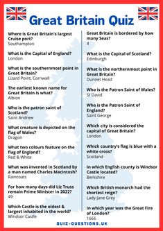 the great britain quiz is shown in red, white and blue with words on it