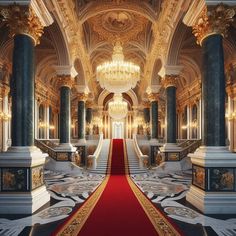 an elaborately decorated hall with red carpet and chandelier