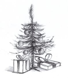 a pencil drawing of a christmas tree with presents under it