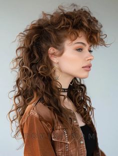 Mullet Hairstyle Round Face, Cool Haircuts For Women Medium, 80s Curly Mullet, Long Hair Length, Lived In Vivid Hair, 80’s Curly Hair, 80s Hair Curly, Rockstar Curly Hair, Types Of Styles Aesthetic