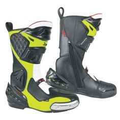 a pair of black and yellow motorcycle boots