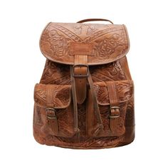 Our hand-tooled artisan Embossed Leather Backpack is a stunning addition to your accessory wardrobe. For school, weekend trips and work, this backpack is a carryall essential that will only soften and become more supple with use. Throw your on-the-go items inside, pull the drawstring and close the flap: you'll be able to take everything with you in this generously sized and beautiful backpack that is embossed with intricate damask patterns. This leather backpack is accented with antiqued gold ha Damask Patterns, Handmade Leather Sandals, Beautiful Backpacks, My Style Bags, Ankle Strap Sandals Flat, Brown Leather Backpack, Leather Sandals Handmade, Essential Wardrobe, Vintage Backpacks