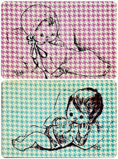 two pictures of babies in pink and blue checkered paper, one with a baby on it's lap