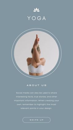 a woman doing yoga with the words about us above her