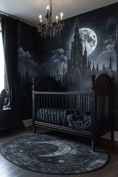 Nocturnal Art in a Western Gothic nursery features stunning moonlit murals that capture quiet nighttime landscapes. Dark colors with soft highlights create a restful atmosphere. Tap here to learn how to enhance your nursery with Nocturnal Art. Gothic Nursery Ideas, Dark Moody Colors, Gothic Nursery, Gothic Gargoyles, Western Nursery, Western Gothic, Harry Potter Nursery, Castle Decor, Goth Baby