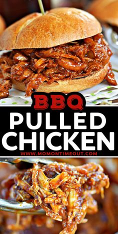 bbq pulled chicken on a white plate with the title above it in black and red