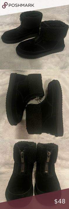 Koolaburra by Ugg Lytta Mini booties, black size 9 Mini Boots, Koolaburra By Ugg, Front Zipper, Faux Fur, Cuff, Boots, Plus Fashion, Fashion Design, Leather