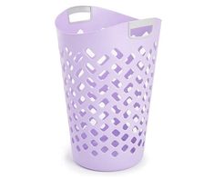 a purple plastic trash can with holes on the sides and handles, sitting against a white background