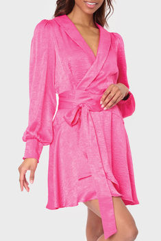 Pink Wrap Dress, Pink Satin Dress, Satin Wrap Dress, Pink Peacock, Blouson Sleeve, Long Sleeve Wrap Dress, Long Sleeve Print Dress, Linen Blazer, Colored Blazer