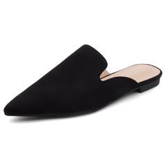 PRICES MAY VARY. Pointed Toe Flat Mules: Slide into comfort effortlessly with these slip-on mules designed for everyday wear. The pointed, closed toe offers a spacious fit that perfectly blends ease and functionality. Comfort Slides: Smooth and soft material upper improves your wearing comfort. Comfort Insole: Slip-on mules feature a comfortable foam cushion with a raised insole. This not only provides pressure relief for your feet while walking but also ensures a secure grip, preventing any sli Pointed Flats Shoes, White Mules, Moccasins Style, Black Slides, Flat Mules, Slip On Mules, Backless Design, Womens Mules, Comfortable Flats