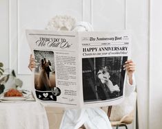 a woman is holding up a newspaper with photos on it and the words happy anniversary