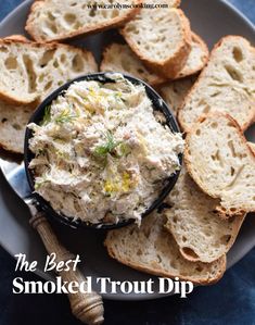 the best smoked trout dip recipe on a plate with bread