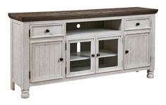 a white entertainment center with two doors and three drawers on one side, dark wood top