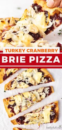 the turkey cranberry brie pizza is cut into slices