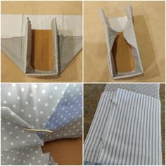 four pictures showing how to make an origami umbrella with fabric and paper strips