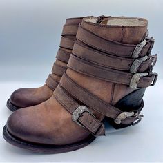 Handcrafted In Denver, Colorado Coveted Freebird All Leather Ankle Booties Conch Style Buckles Molds To Feet Catch The Gaze New Without Box Brown Snip Toe Moto Boots With Stacked Heel, Brown Moto Boots With Stacked Heel And Snip Toe, Brown Ankle-high Moto Boots With Stacked Heel, Brown Boots With Heel Loop For Fall, Brown Fall Boots With Heel Loop, Brown Ankle Strap Heeled Boots With Reinforced Heel, Brown Closed Toe Heeled Boots With Buckle, Brown Closed Toe Heeled Boots With Buckle Closure, Brown Closed Toe Moto Boots With Buckle