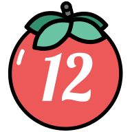 a red apple with green leaves and the number 12 on it