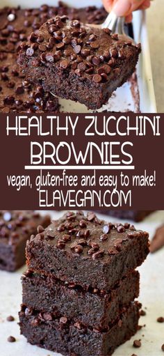 chocolate zucchini brownies are stacked on top of each other, with the words healthy zucchini brownies vegan, glutter - free and easy to make