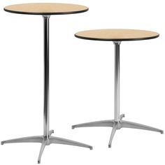 two round tables with metal legs and wooden top, both side by side on an isolated white background