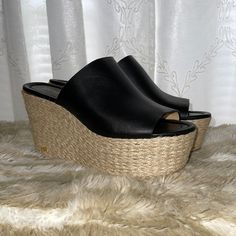 Save More, On Our Shop @ Http://Www.Opulentluxuryllc.Com , Plus Free Shipping Across Us 100% Authentic Mk Footwear New And In Excellent Condition. Never Worn. Never Used. 2-3/4” Espadrille Heel Open-Toe Espadrille Platform Wedge Wide Strap Sandal In Black Leather And Rubber Sole Chic Slip-on Wedge Sandals With Woven Sole, Chic Platform Espadrilles With Open Toe, Chic Wedge Sandals With Woven Sole And Round Toe, Chic Platform Wedge Heel Espadrilles, Chic High Heel Platform Espadrilles, Chic Synthetic Wedge Heel Espadrilles, Chic High Heel Espadrilles, Chic Wedge Sandals With Woven Sole And Open Heel, Chic Wedge Heel Espadrilles With Removable Insole