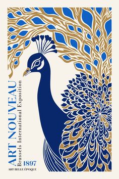 an art nouveau poster with a peacock on it's back and the words art nouveau in