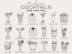 a poster with different types of cocktails in black and white, on a white background