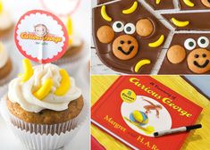 some cupcakes are decorated with yellow and brown icing as well as monkey faces