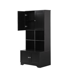 a black cabinet with drawers and doors on the bottom shelf is shown against a white background