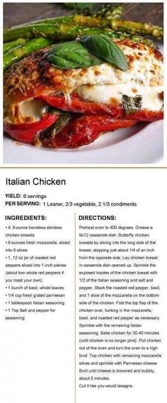 the menu for italian chicken is shown in black and white, with red peppers on it