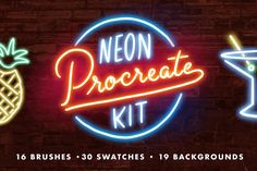 neon signs on the side of a brick wall that says neon procreate kit