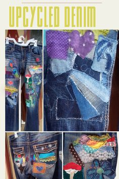 an upcycled denim collage with pictures of different types of clothing and accessories