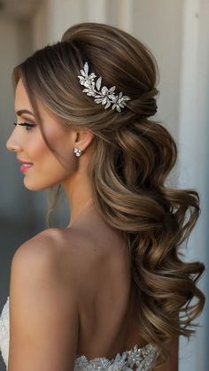 Half Updo For Bride, Bride Hair Styles Half Up Half Down, Hair For Evening Gown, Wedding Hairstyles For Long Fine Hair, Bride Hairstyles Half Up Half Down With Veil, Wedding Hair Half Up Half Down With Headband, Wedding Hair With Headband And Veil, Bride Hairstyles Down With Veil, Halter Wedding Dress Hairstyle