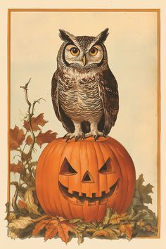 an owl sitting on top of a pumpkin