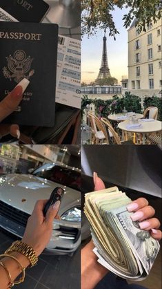 a collage of photos with cars and people holding passport cards, money in their hands, and the eiffel tower in the background