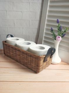 "Wicker rectangular toilet paper basket with leather handles. Basket for storing toilet paper, cosmetics, towels and small decor in the bathroom. Size: length 11.8 \"(30cm), width 5.1\" (13cm), height without handles 3.5 \"(9cm) The basket is handmade so the size may vary slightly The product is made of paper vine (paper vine is new paper rolled into tight tubes and treated with a water-based compound to give a dense structure) the surface of the product is treated with several layers of water-b Toilet Paper Basket, Color Toilet, Towel Basket, Hanging Vases, Toilet Room, Wicker Decor, Diy Basket, Paper Basket, Dark Color