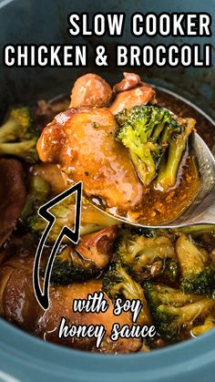 the slow cooker chicken and broccoli is being spooned with some honey sauce