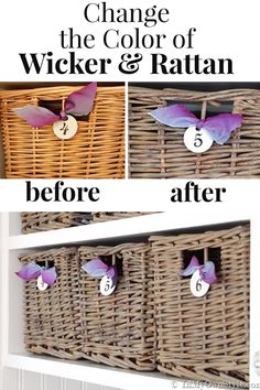 wicker and rattan storage bins with purple flowers in them, labeled change the color of wicker & rattan