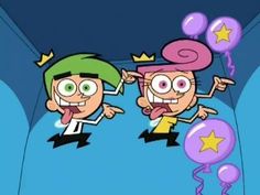 two cartoon characters flying through the air with balloons and stars on their heads in front of them