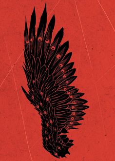 a black and red illustration of a bird with feathers on its back, against a red background